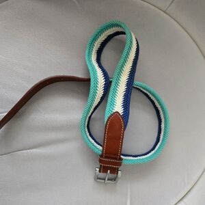 Vineyard Vines blue Green stripe woven cotton leather belt size 38